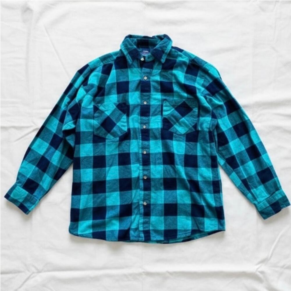 Saugatuck Dry Goods Green Teal Plaid Flannel Shirt Mens Medium